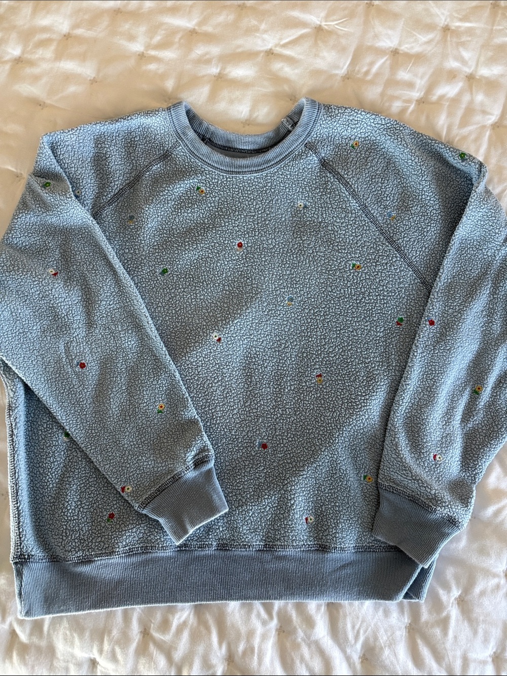 THE GREAT. Light Blue Sherpa Crewneck with Multicolor Dot Embroidery